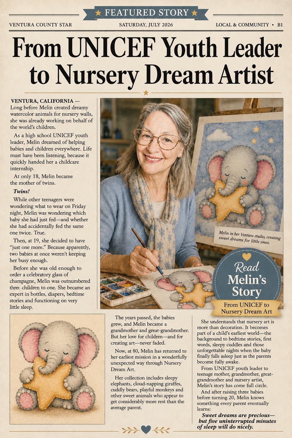 Featured newspaper story about Melin, from UNICEF youth leader to Nursery Dream Artist